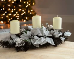 WeRChristmas 3 Pillar Decorated Candle Holder, Black/Silver^ Table Decorations|Candle Holder Garlands