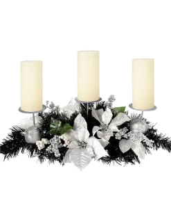 WeRChristmas 3 Pillar Decorated Candle Holder, Black/Silver^ Table Decorations|Candle Holder Garlands