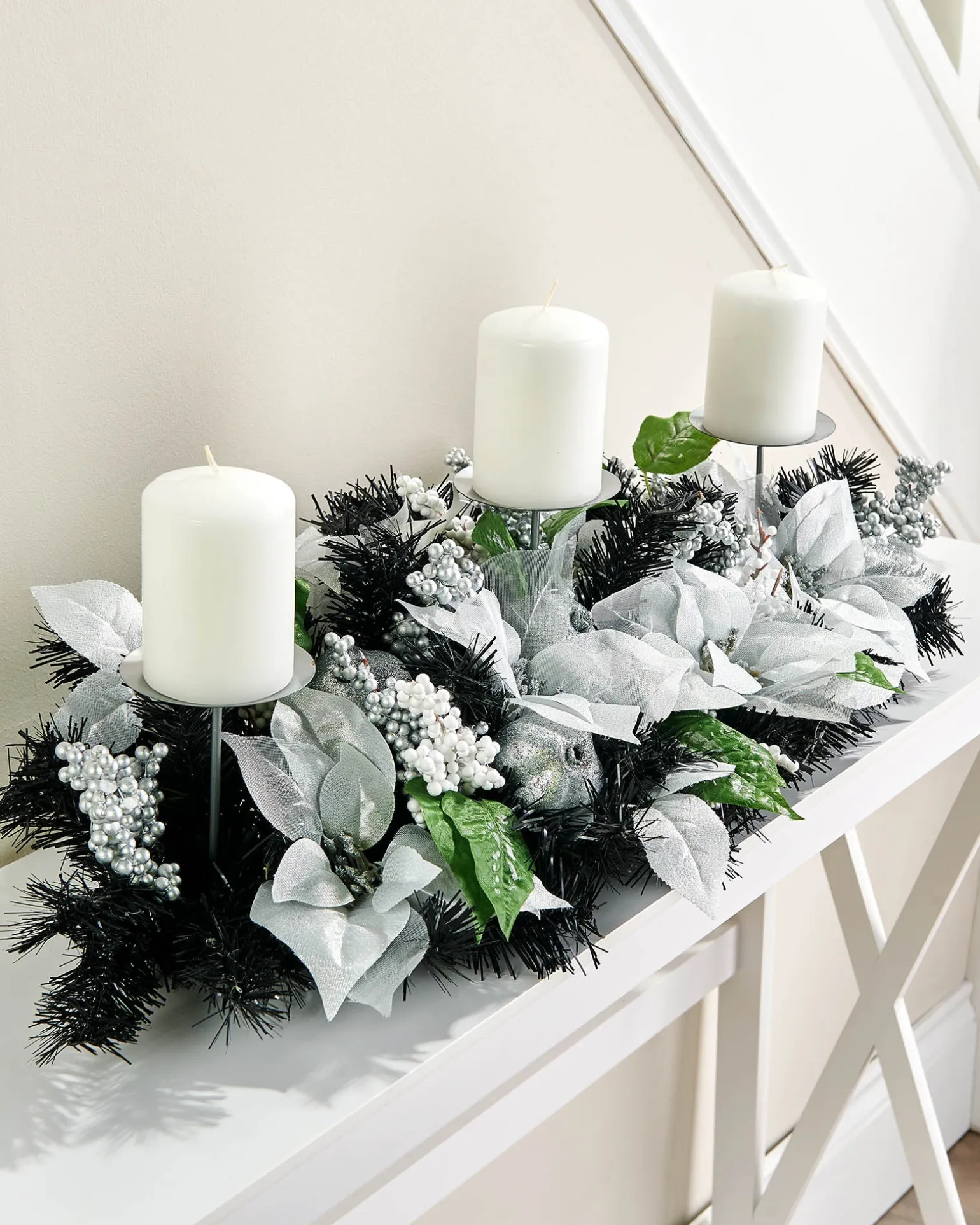 WeRChristmas 3 Pillar Decorated Garland Candle Holder, Black/Silver, 76 Cm^ Table Decorations|Candle Holder Garlands