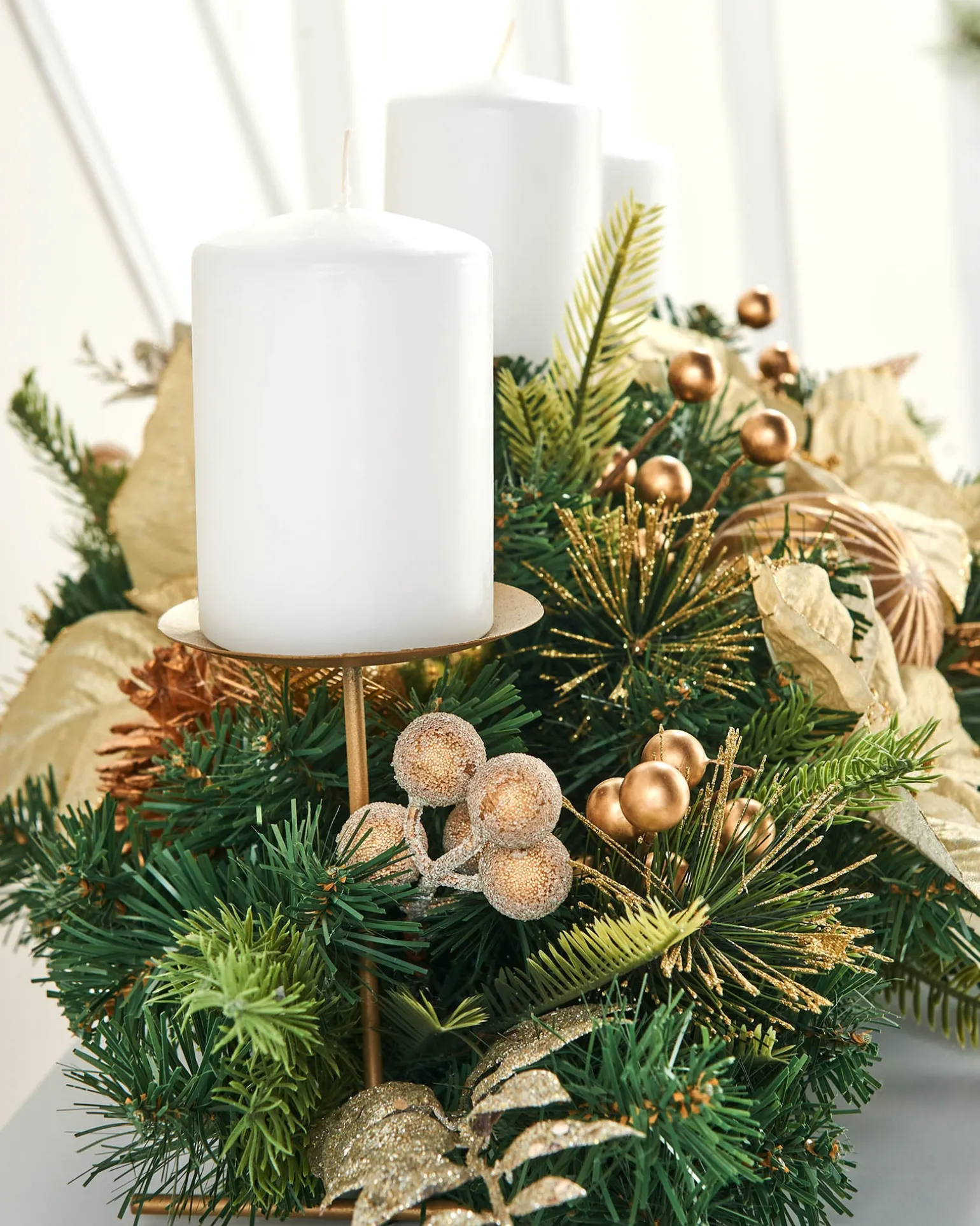 WeRChristmas 3 Pillar Decorated Garland Candle Holder, Cream/Gold, 76 Cm^ Table Decorations|Candle Holder Garlands