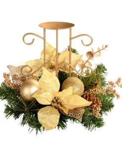 WeRChristmas Decorated Table Centre Piece Candle Holder - Cream/ Gold, Single Pillar^ Table Decorations|Candle Holder Garlands