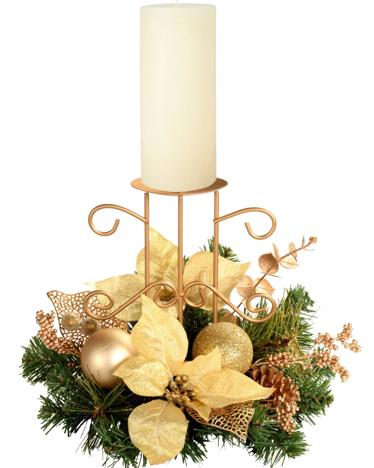 WeRChristmas Decorated Table Centre Piece Candle Holder - Cream/ Gold, Single Pillar^ Table Decorations|Candle Holder Garlands