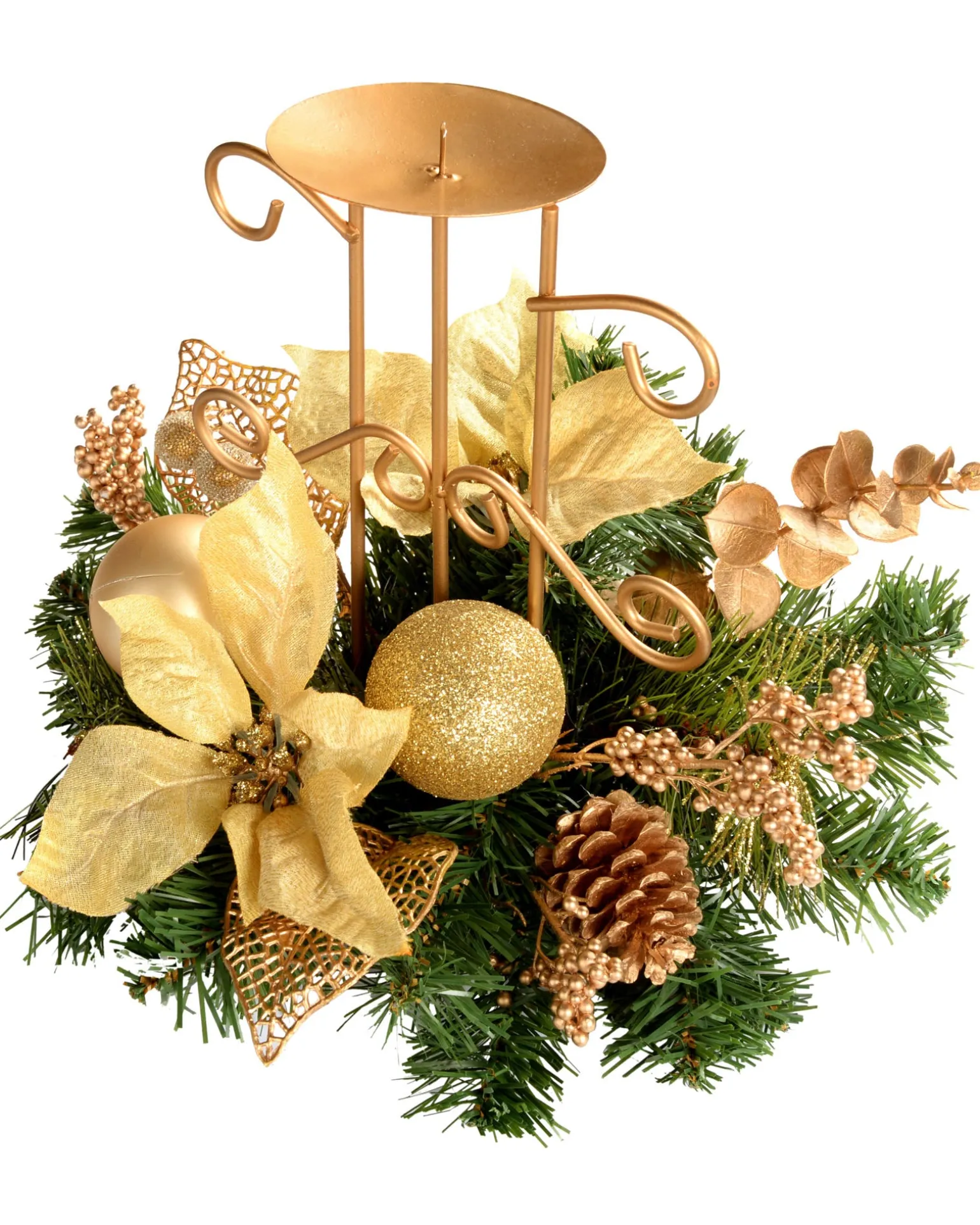 WeRChristmas Decorated Table Centre Piece Candle Holder - Cream/ Gold, Single Pillar^ Table Decorations|Candle Holder Garlands