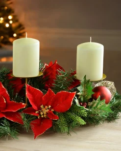 WeRChristmas Decorated Table Centre Piece Candle Holder - Red/Gold, 3 Pillar^ Candle Holder Garlands|Decorated Garlands