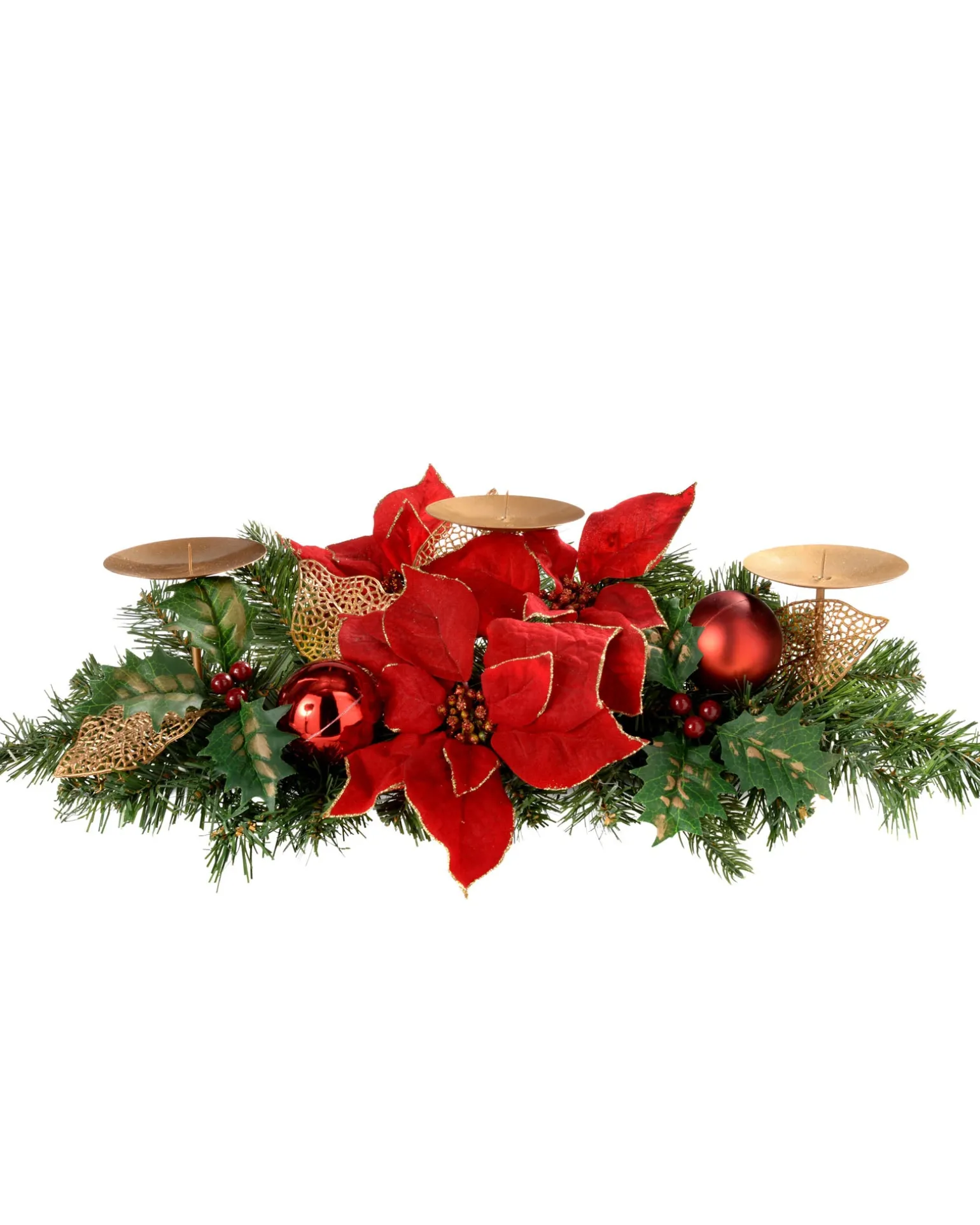 WeRChristmas Decorated Table Centre Piece Candle Holder - Red/Gold, 3 Pillar^ Candle Holder Garlands|Decorated Garlands