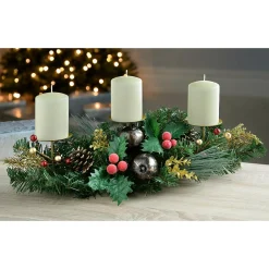 WeRChristmas Decorated Table Centre Piece Garland Candle Holder - Red/ Gold, 3 Pillar^ Table Decorations|Candle Holder Garlands