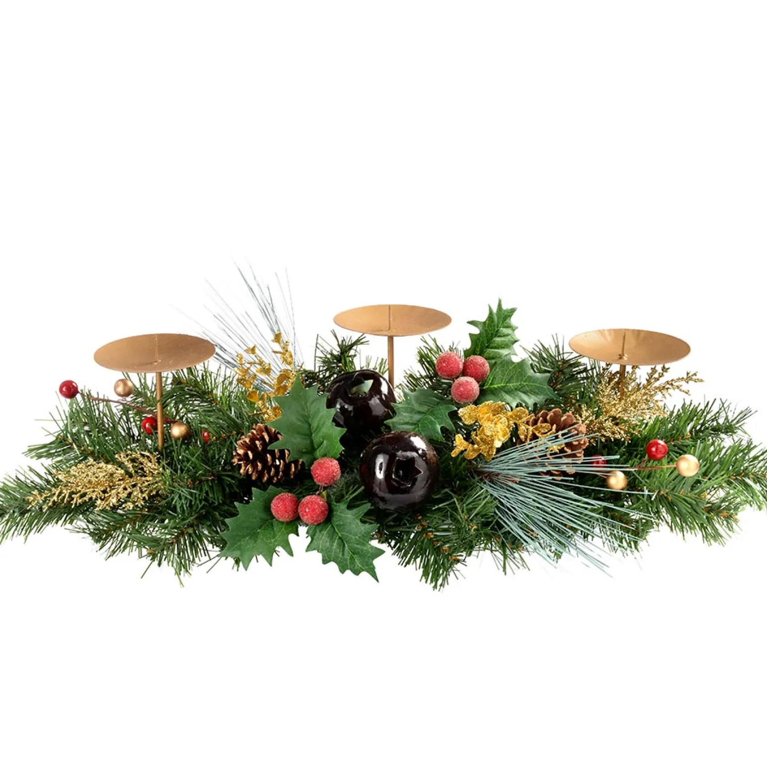 WeRChristmas Decorated Table Centre Piece Garland Candle Holder - Red/ Gold, 3 Pillar^ Table Decorations|Candle Holder Garlands