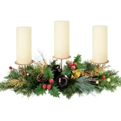 WeRChristmas Decorated Table Centre Piece Garland Candle Holder - Red/ Gold, 3 Pillar^ Table Decorations|Candle Holder Garlands