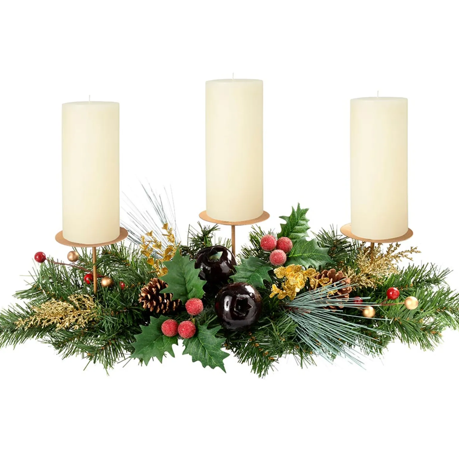 WeRChristmas Decorated Table Centre Piece Garland Candle Holder - Red/ Gold, 3 Pillar^ Table Decorations|Candle Holder Garlands
