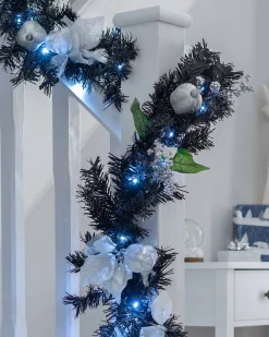 WeRChristmas Pre-Lit Decorated Garland, Black/Silver, 9 Ft^ Decorated Garlands|Pre Lit Garlands