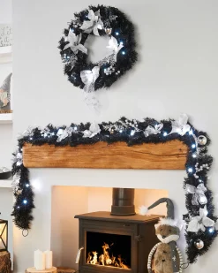 WeRChristmas Pre-Lit Decorated Garland, Black/Silver, 9 Ft^ Decorated Garlands|Pre Lit Garlands
