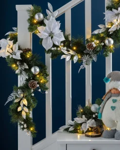 WeRChristmas Pre-Lit Decorated Garland, Silver/White, 9 Ft^ Decorated Garlands|Pre Lit Garlands