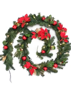 WeRChristmas Pre-Lit Decorated Multi-Function Garland, Red/Gold, 9 Ft^ Decorated Garlands|Pre Lit Garlands