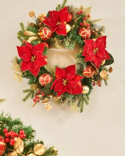 WeRChristmas Pre-Lit Decorated Wreath, Red/Gold, 60 Cm^ Decorated Wreaths|Pre Lit Wreaths