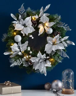 WeRChristmas Pre-Lit Decorated Wreath, Silver/White, 60 Cm^ Decorated Wreaths|Pre Lit Wreaths