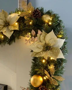 WeRChristmas Pre-Lit Extra Thick Garland, Static, Cream/Gold, 9 Ft^ Decorated Garlands|Pre Lit Garlands