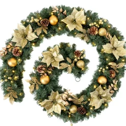 WeRChristmas Pre-Lit Extra Thick Garland, Cream/Gold, 9 Ft^ Decorated Garlands|Pre Lit Garlands