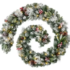 WeRChristmas Pre-Lit Extra Thick Mixed Pine Snow Flocked Garland, Pinecones & Berries, 9 Ft^ Snow Flocked Garlands|Decorated Garlands
