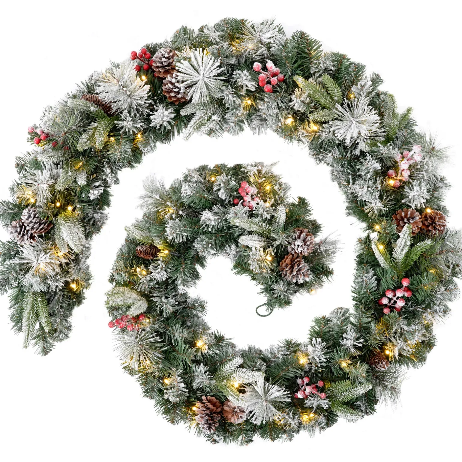 WeRChristmas Pre-Lit Extra Thick Mixed Pine Snow Flocked Garland, Pinecones & Berries, 9 Ft^ Snow Flocked Garlands|Decorated Garlands