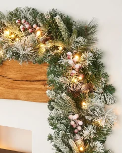 WeRChristmas Pre-Lit Extra Thick Mixed Pine Snow Flocked Garland, Pinecones & Berries, 9 Ft^ Snow Flocked Garlands|Decorated Garlands