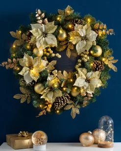 WeRChristmas Pre-Lit Extra Thick Wreath, Cream/Gold, 76 Cm^ Decorated Wreaths|Pre Lit Wreaths