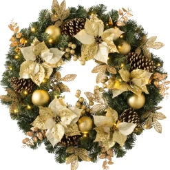 WeRChristmas Pre-Lit Extra Thick Wreath, Cream/Gold, 76 Cm^ Decorated Wreaths|Pre Lit Wreaths