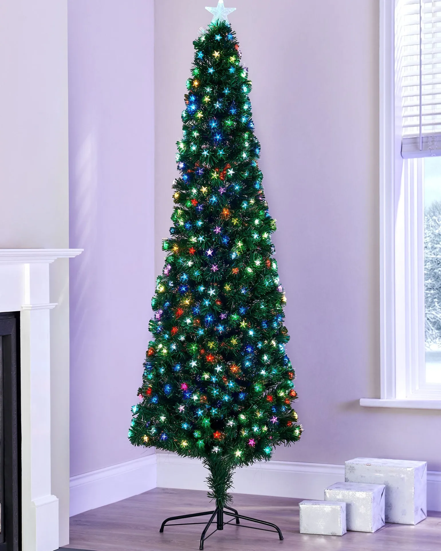 WeRChristmas Pre-Lit Fibre Optic Pencil Christmas Tree With Multi-Coloured LED Stars, 6 Ft^ Budget Christmas Trees|Fibre Optic Christmas Trees