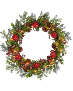 WeRChristmas Pre-Lit Frosted Red Berry Mixed Tip Wreath, 60 Cm^ Decorated Wreaths|Pre Lit Wreaths