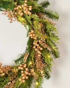 WeRChristmas Pre-Lit Gold Berry Mixed Tip Wreath, 76 Cm^ Decorated Wreaths|Pre Lit Wreaths