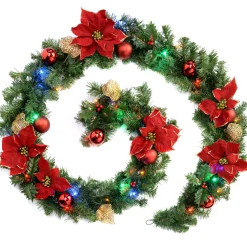 WeRChristmas Pre-Lit Multi-Coloured Decorated Garland, Red/Gold, 9 Ft^ Decorated Garlands|Pre Lit Garlands