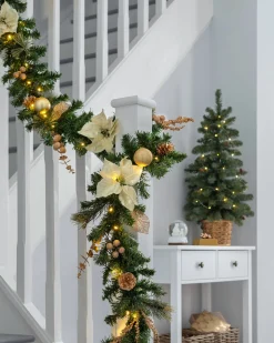 WeRChristmas Pre-Lit Multi-Function Decorated Garland, Cream/Gold, 9 Ft^ Decorated Garlands|Pre Lit Garlands
