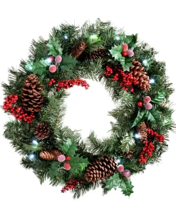 WeRChristmas Pre-Lit Natural Decorated Wreath, Pinecones & Berries, 60 Cm^ Decorated Wreaths|Pre Lit Wreaths