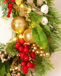 WeRChristmas Pre-Lit Red Berry Mixed Tip Wreath, 76 Cm^ Decorated Wreaths|Pre Lit Wreaths