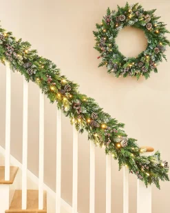 WeRChristmas Pre-Lit Snow Flocked Mixed Tip Garland, 9 Ft^ Snow Flocked Garlands|Decorated Garlands
