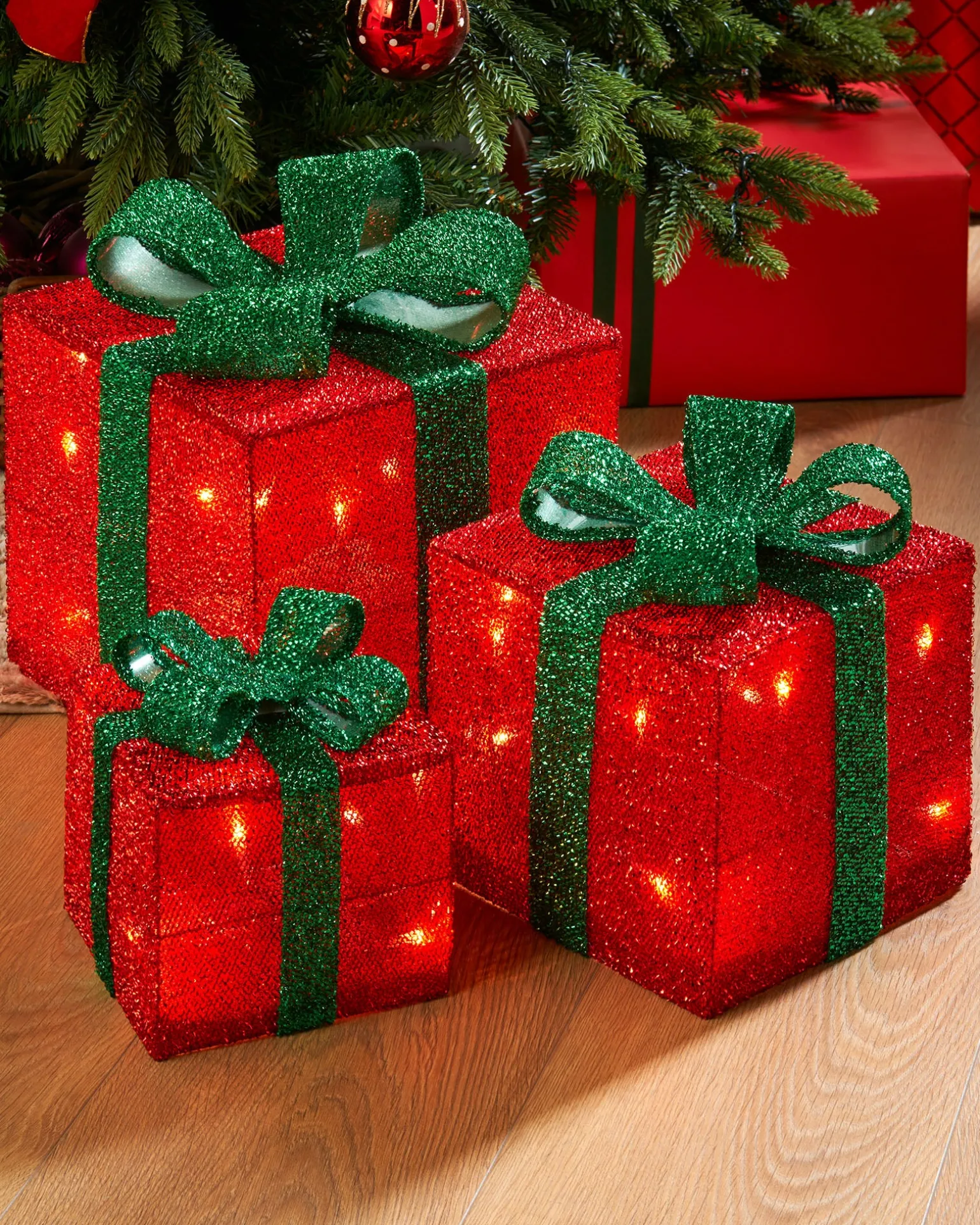 WeRChristmas Set Of 3 Pre-Lit Gift Box Silhouettes, Red, 26 Cm^ Table Decorations