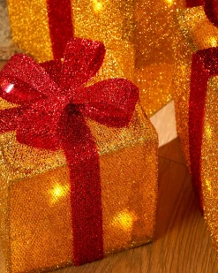 WeRChristmas Set Of 3 Pre-Lit Gift Box Silhouettes, Gold^ Table Decorations