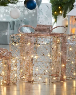 WeRChristmas Set Of 3 Pre-Lit Gift Boxes, Rose Gold, 40 Cm^ Table Decorations