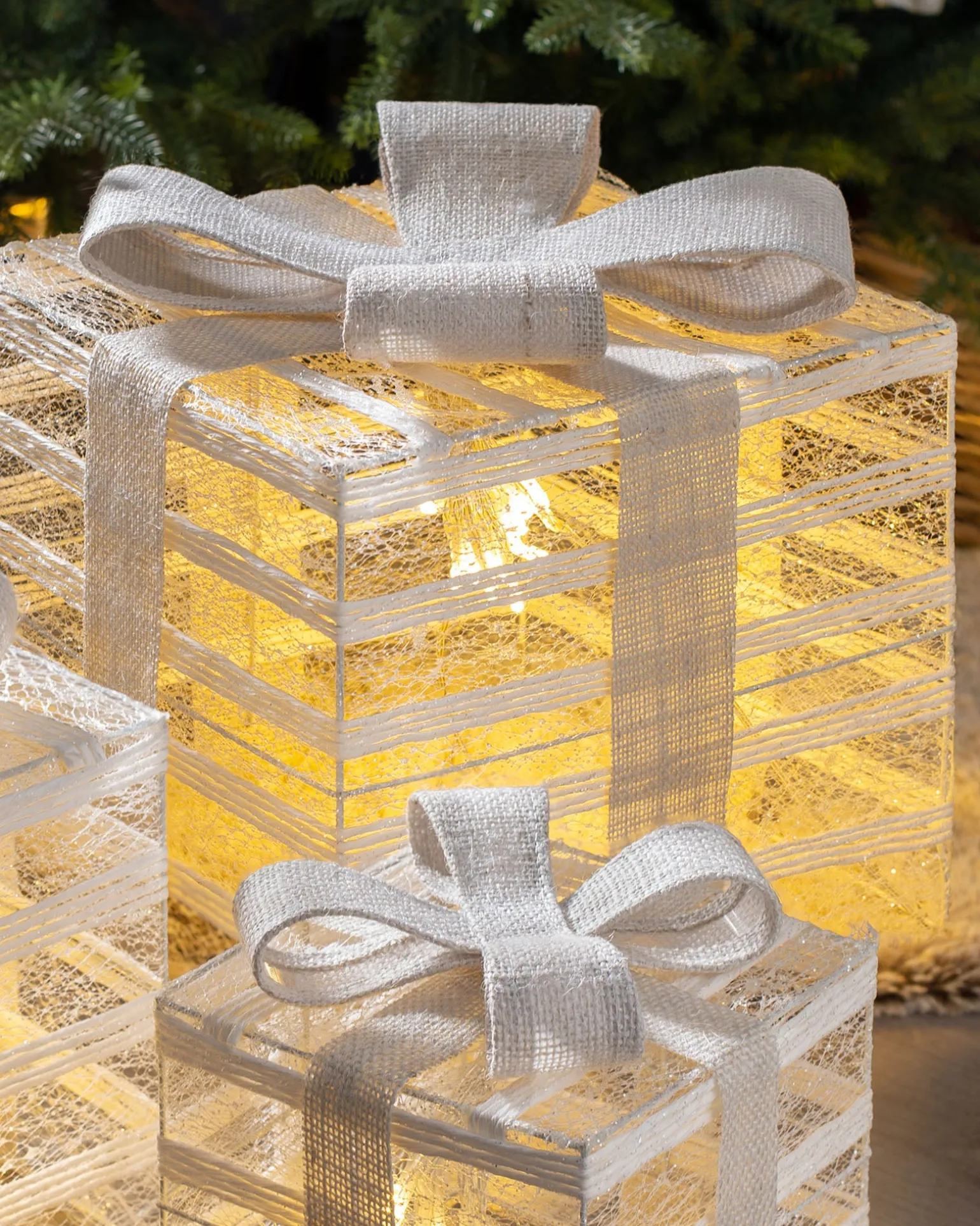 WeRChristmas Set Of 3 Pre-Lit Paper String And Gauze Gift Boxes, 26 Cm^ Table Decorations