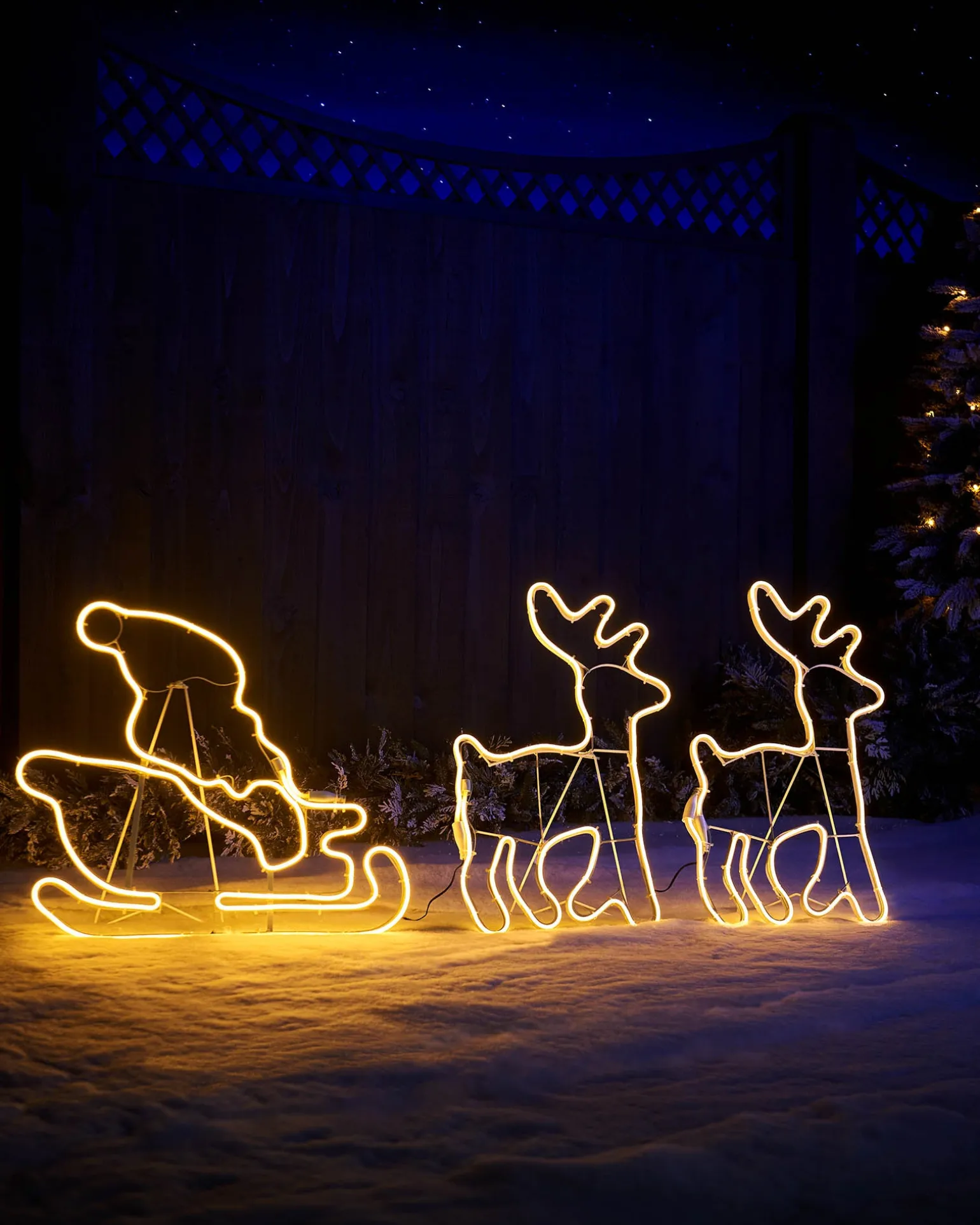 WeRChristmas Twin Reindeers With Santa Sleigh Neon Rope Light Silhouette, 2.6 M^ Outdoor Lighted Reindeer